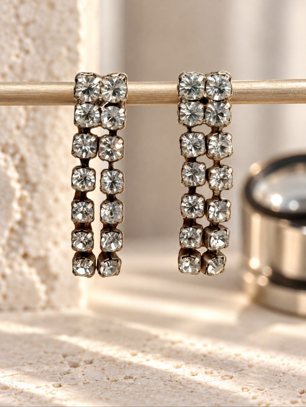 Vintage Silver Tone Clear Rhinestone Double Strand Dangle Earrings